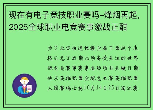 现在有电子竞技职业赛吗-烽烟再起，2025全球职业电竞赛事激战正酣